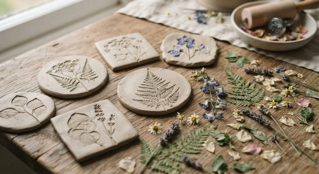 Nature prints with leaves and flowers pressed into clay