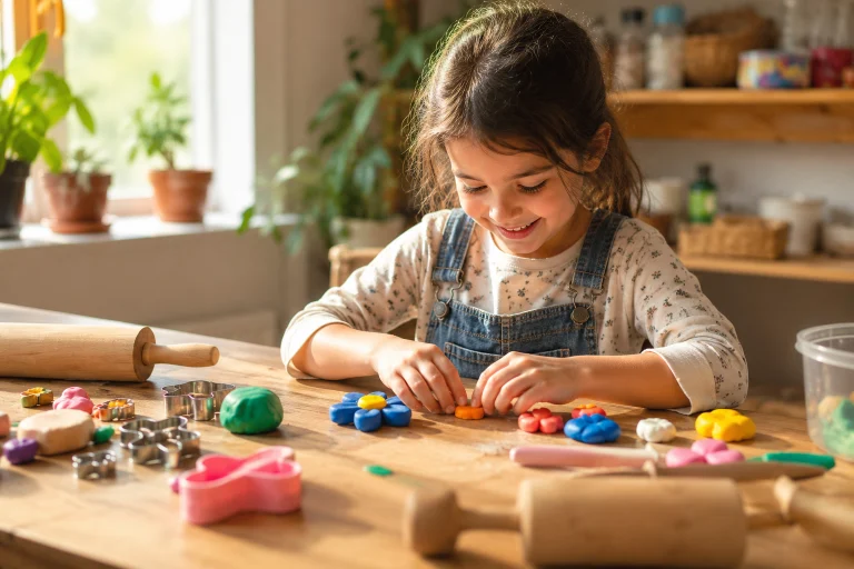 Young child molding colorful air-dry clay at a sunlit home craft table with rolling pins and cookie cutters
