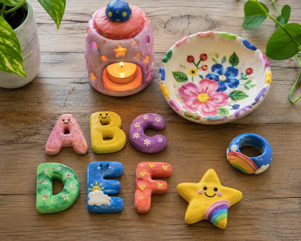 Flat lay of finished kids' clay crafts including alphabet magnets, trinket dish, lantern, and ring
