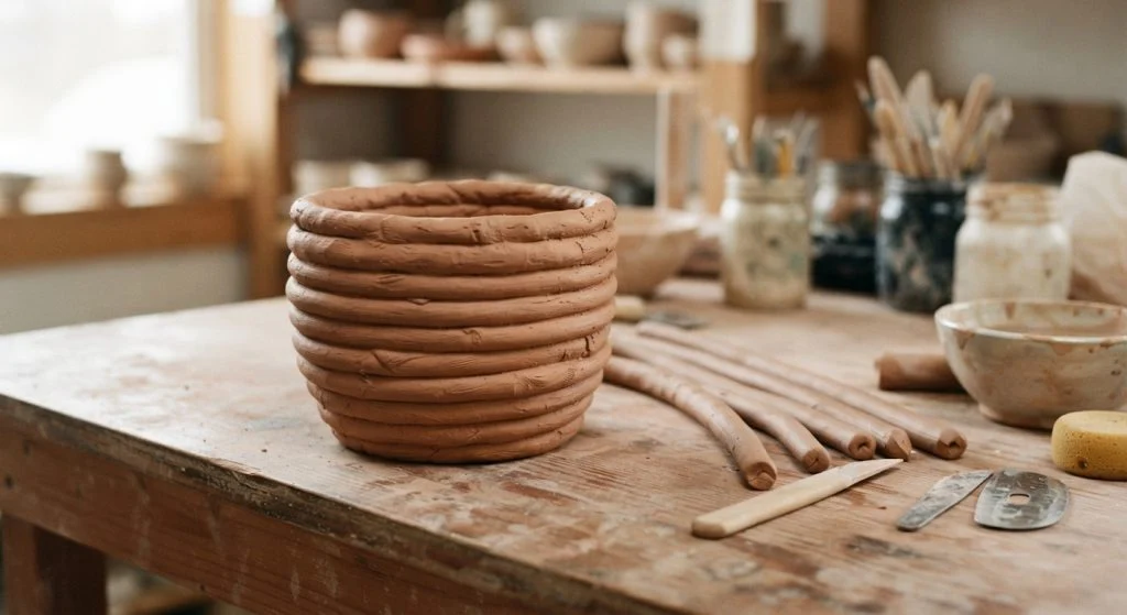 Handmade brown clay coil pot on a craft table