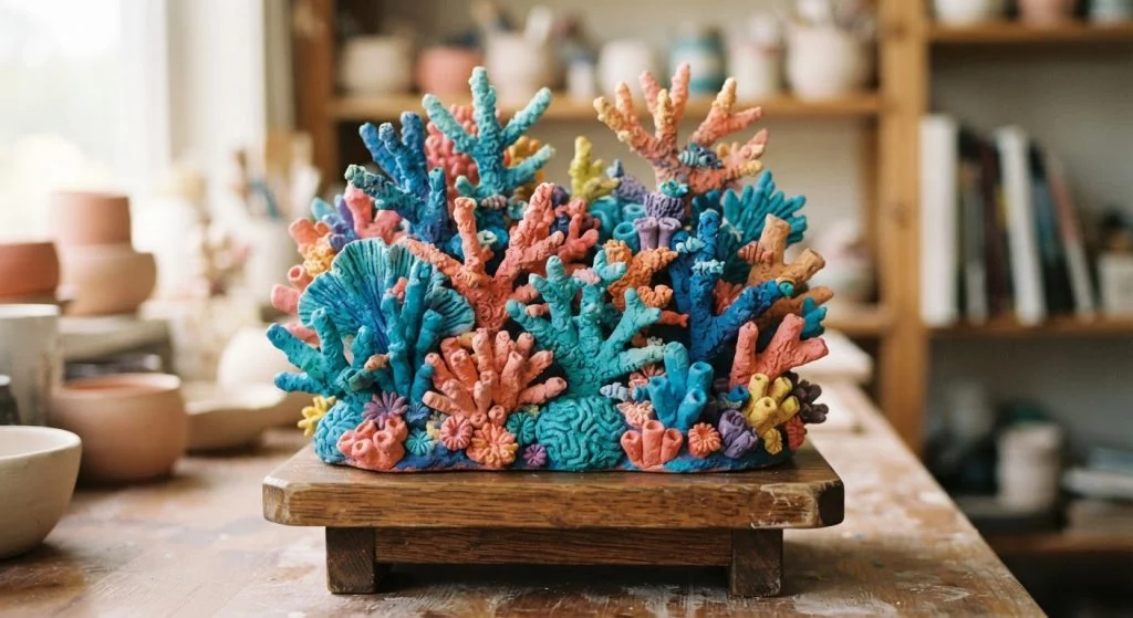 3D clay coral reef sculpture painted in bright ocean colors
