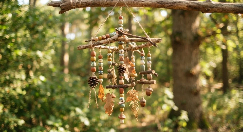 Nature mobile made with painted clay beads and natural materials
