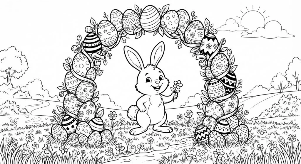 Cartoon bunny standing under a decorated egg arch, coloring page style