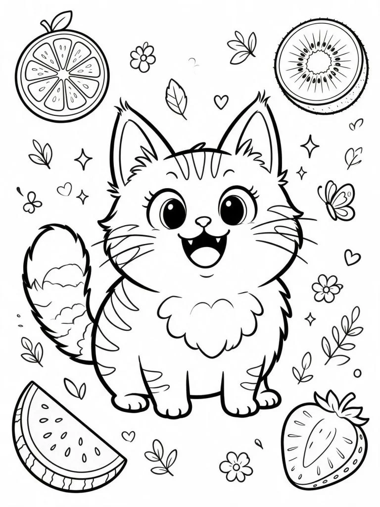 Cartoon cat framed by fruit slices, coloring page style