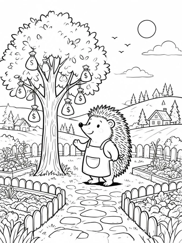 Cartoon hedgehog standing near a coin tree coloring page