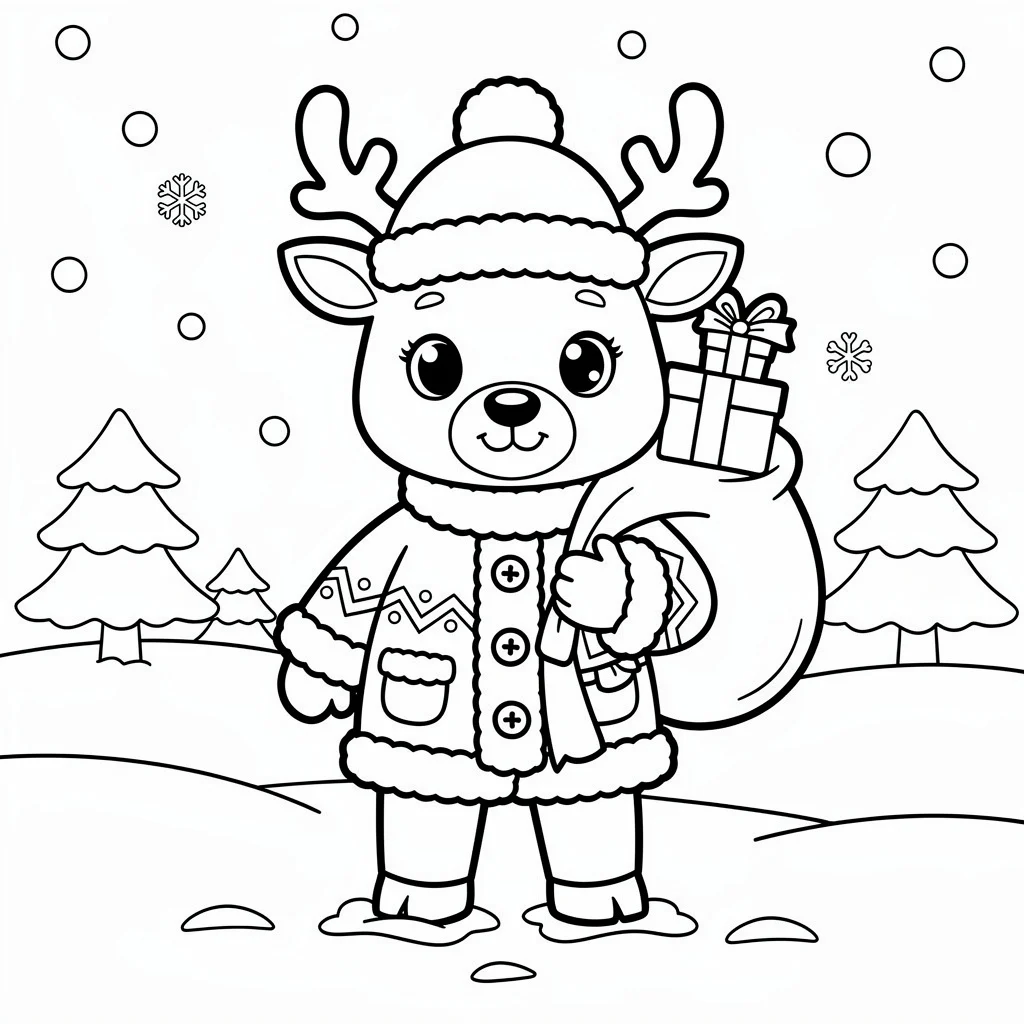 Cartoon reindeer holding a gift sack in a winter scene, coloring page style