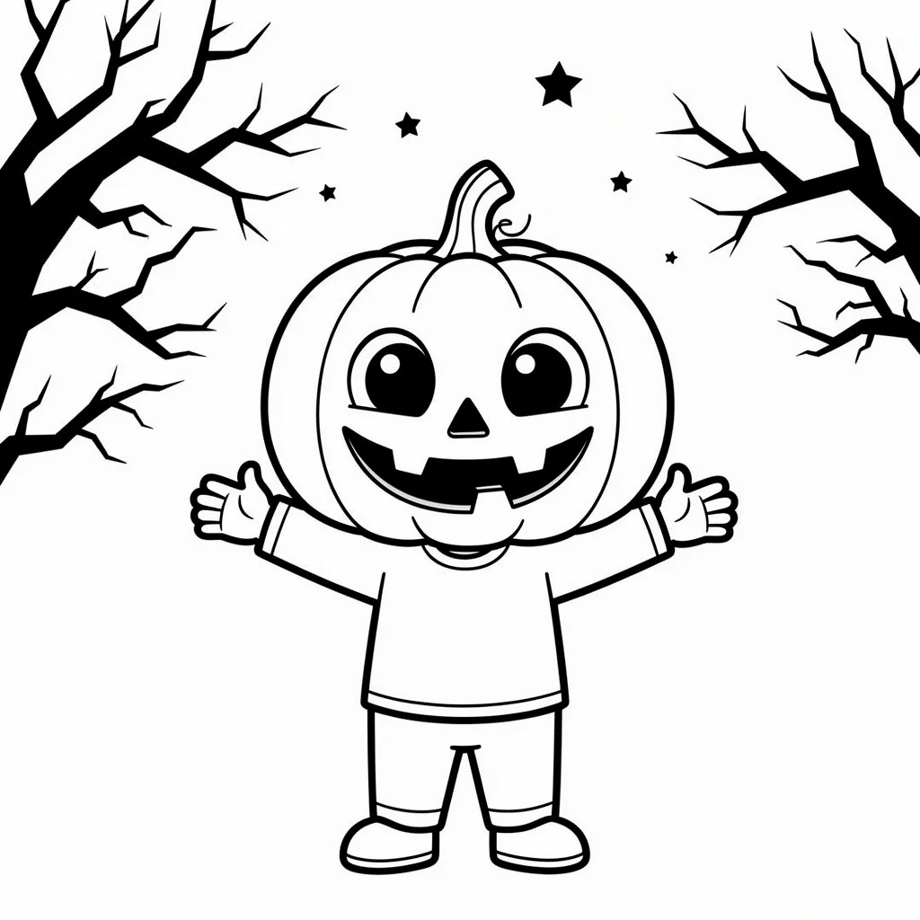 Cartoon pumpkin-headed character with spooky branches, coloring page style