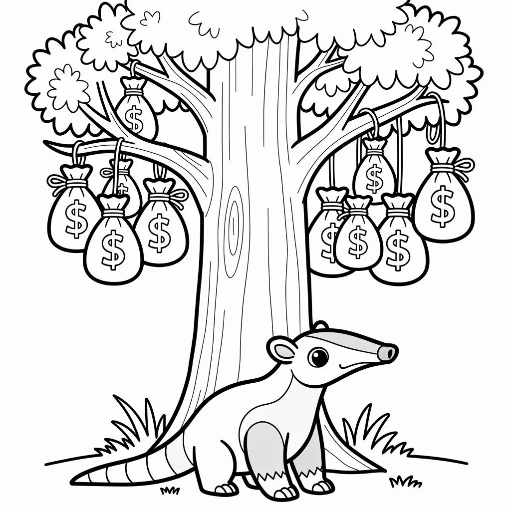 Cartoon anteater standing near a coin tree, coloring page style