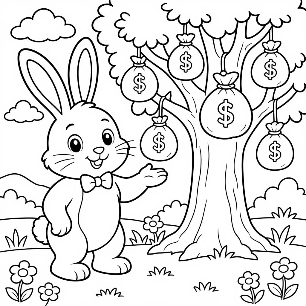 Cartoon rabbit standing near a coin tree, coloring page style