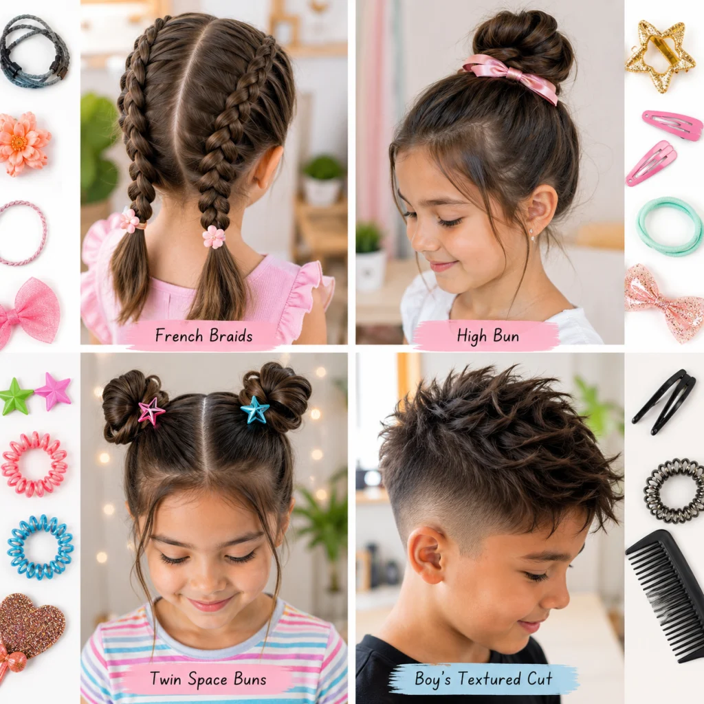 Collage of various cute kids hairstyles including braids, buns, and boy haircuts.