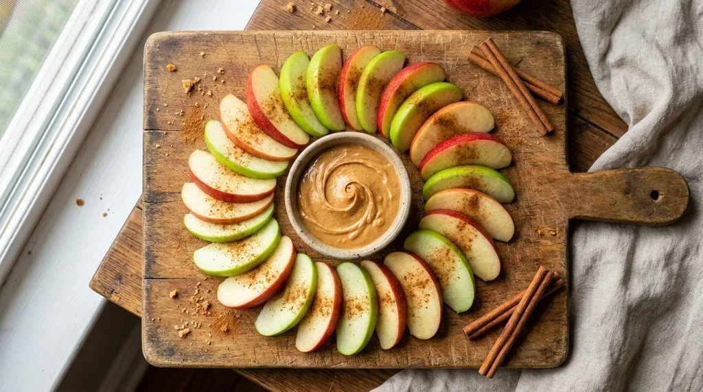 Apple slices with peanut butter, a protein-rich after-school snack