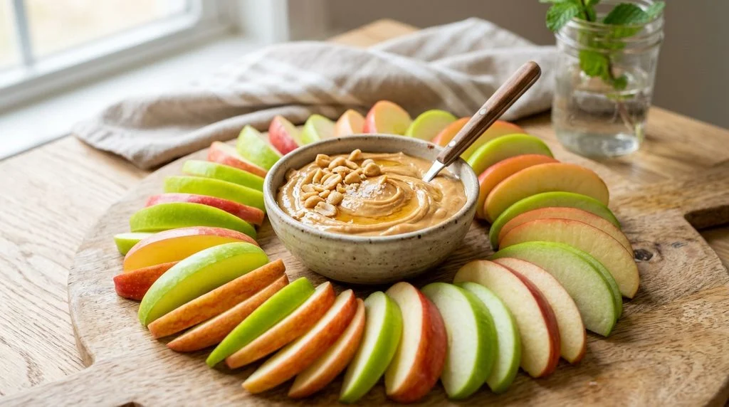 Apple slices with a peanut butter yogurt dip.