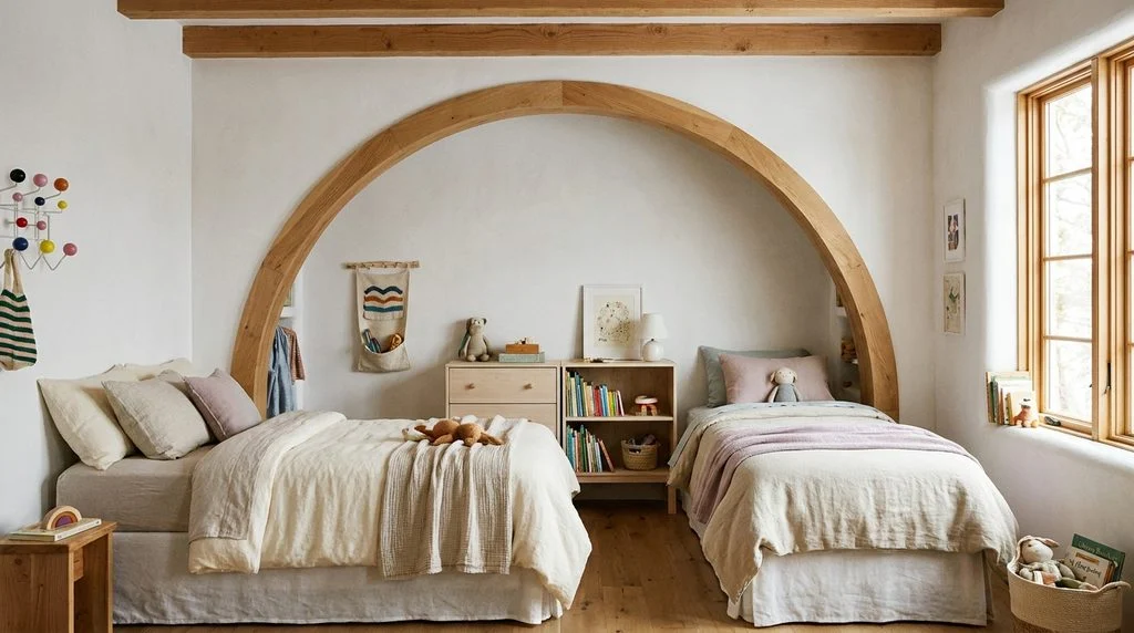 An archway used as a natural divider between two twin beds in a shared kids' bedroom.