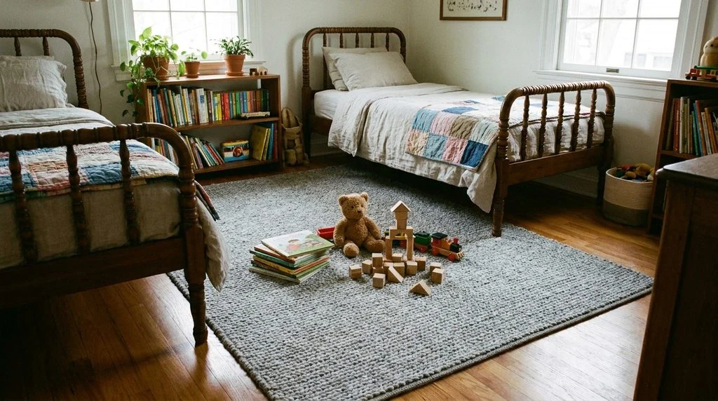 A gray area rug between two twin beds marking a central shared zone in a kids' bedroom.