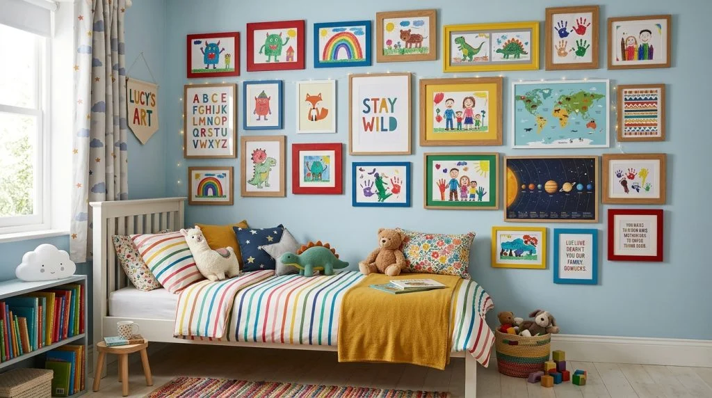Gallery wall of framed children's artwork above a bed.