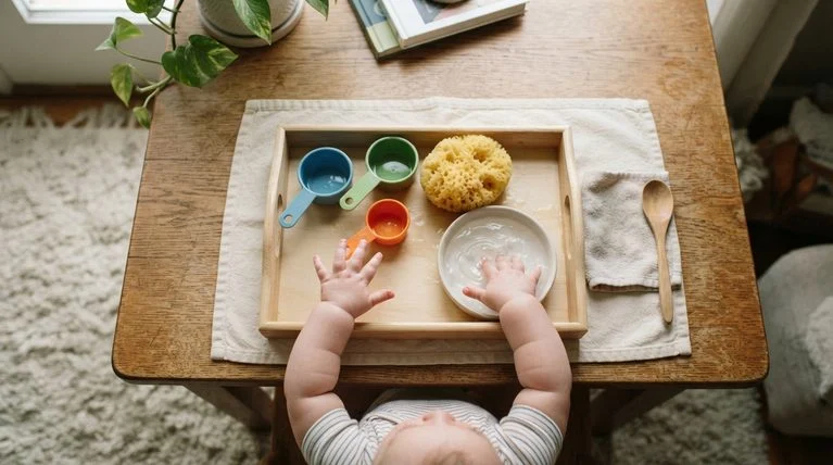 Baby reaching toward a sensory tray with water and household objects