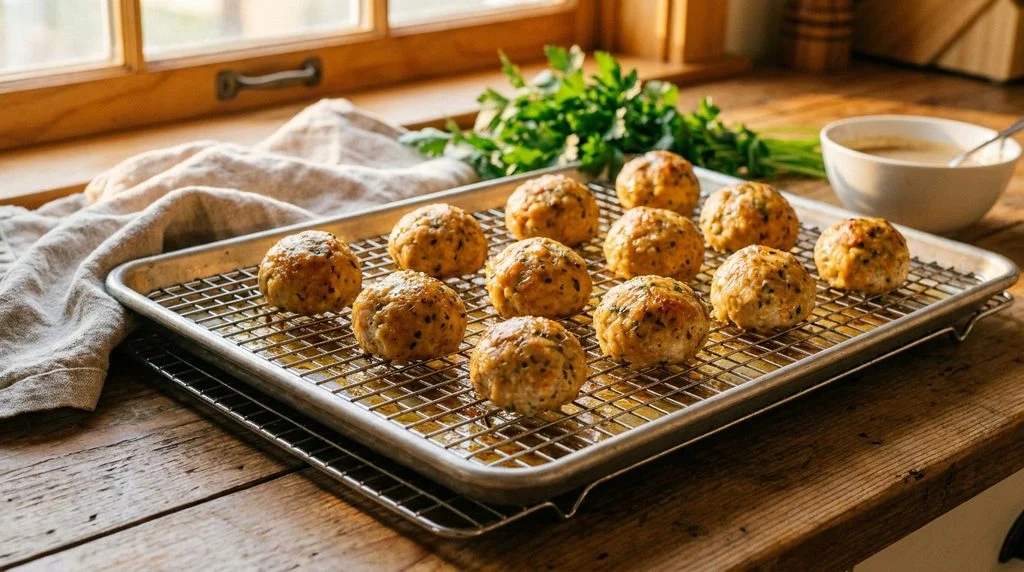 A batch of baked chicken meatballs ready for meal-prepped school lunches