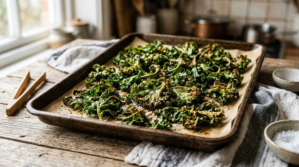 Homemade crispy kale chips as a healthy kids snack.