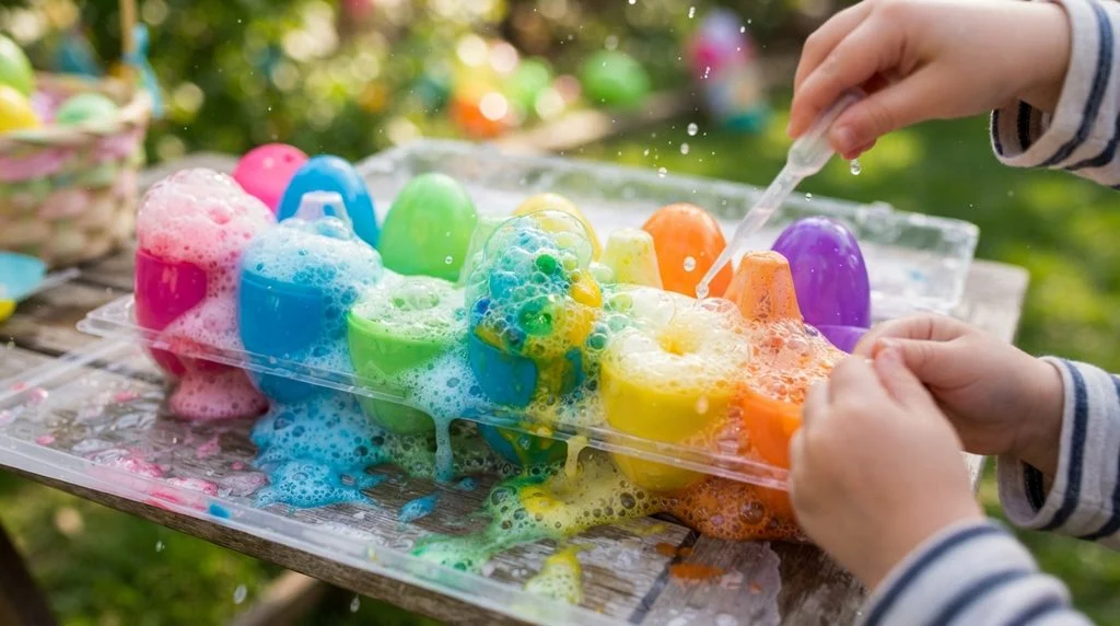 Plastic Easter eggs fizzing with colorful baking soda and vinegar reaction