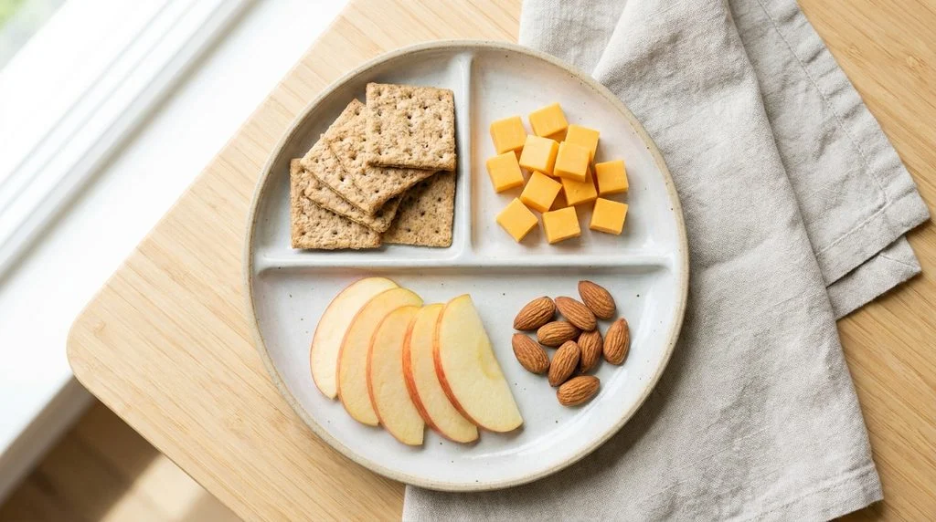 A balanced kids' snack plate combining protein, fiber and fruit