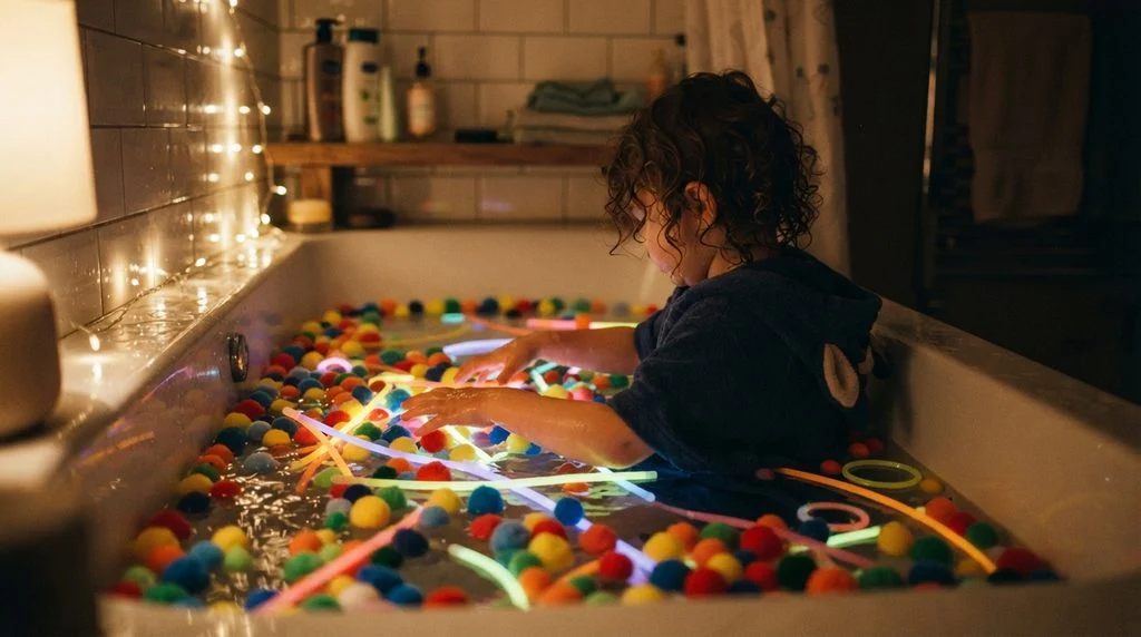 Bathtub filled with colorful pom poms and glow sticks for sensory bath play