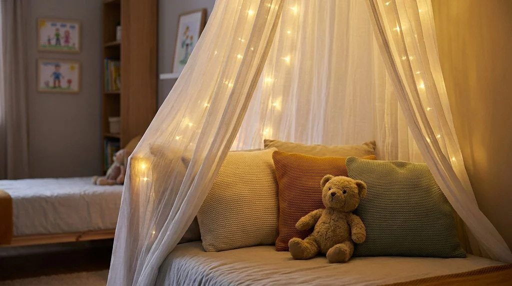 Single bed with a draped white canopy, fairy lights and cushions creating a private nook in a shared kids' room.