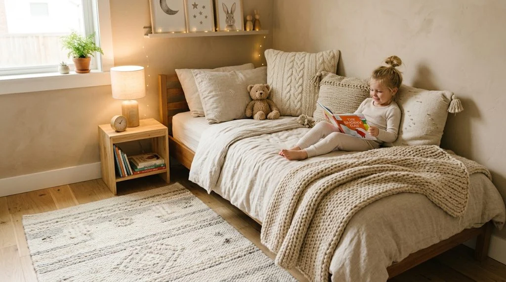 Layered textiles including throw and cushions on a child's bed.