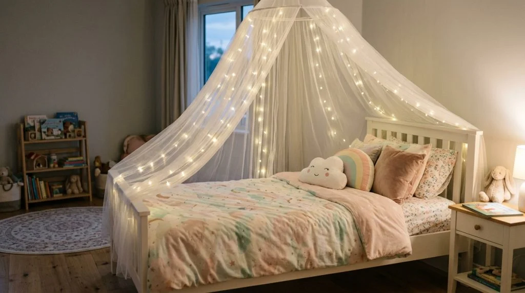 Child's bed with a sheer canopy and fairy lights.
