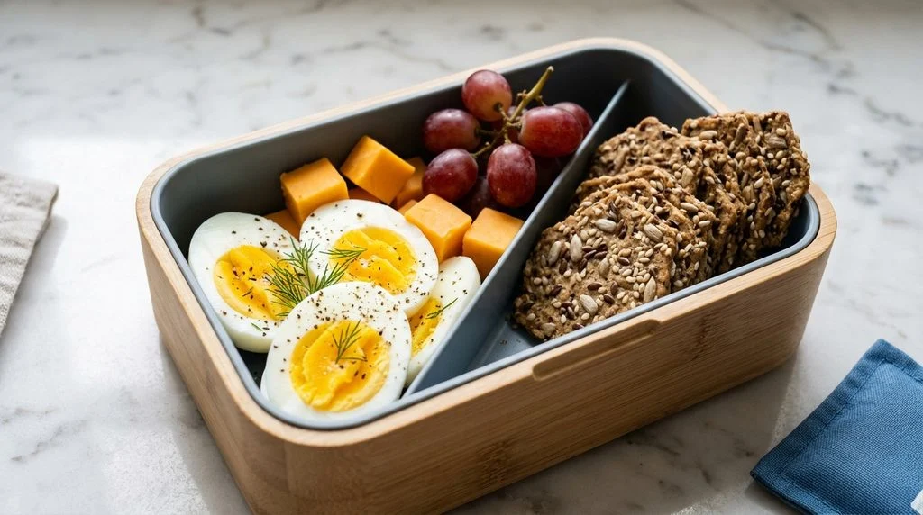 No-cook high-protein school lunch box with hard-boiled egg slices, cheddar cubes, seeded crackers and grapes beside a reusable ice pack.