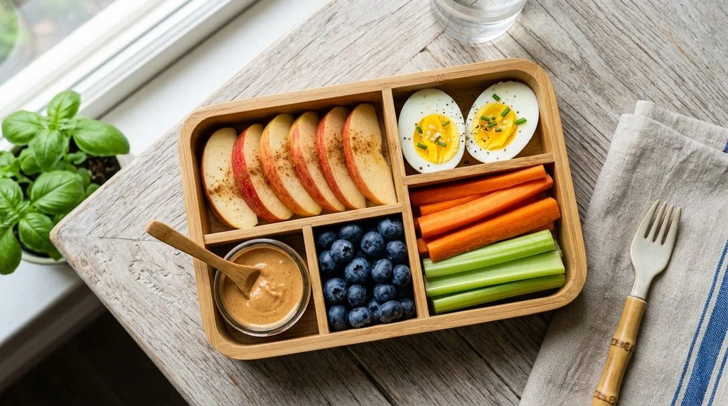 A bento box lunch with apple slices, nut butter, blueberries and veggies