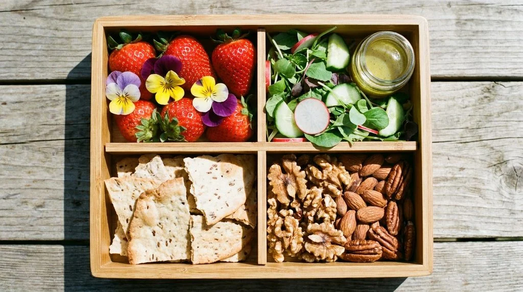 A bento box lunch with strawberries, salad greens and crackers