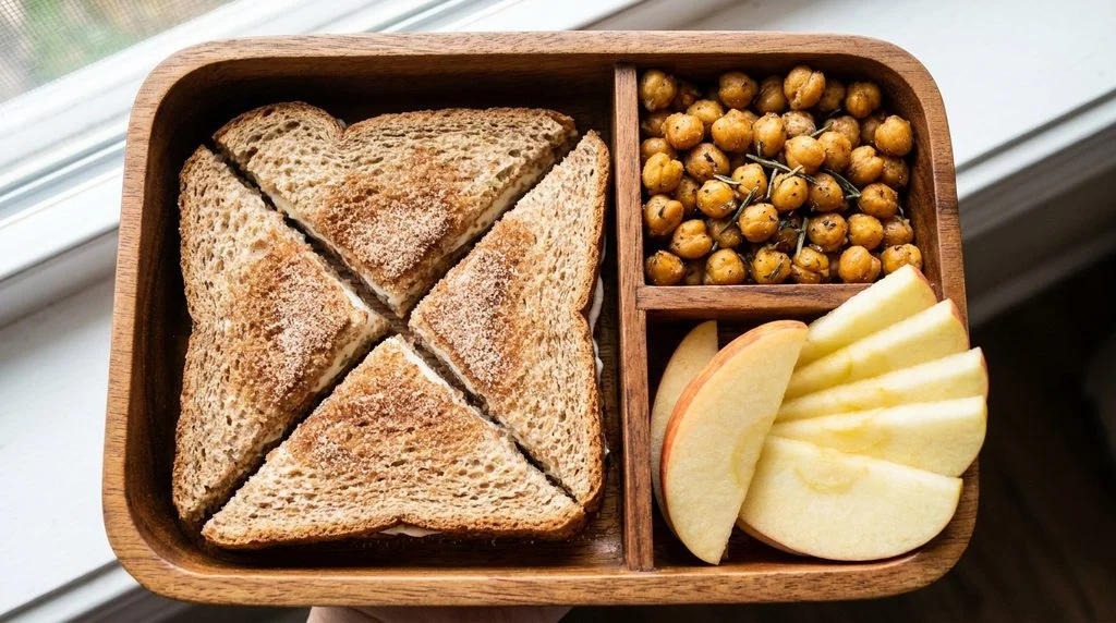 A bento box lunch with a cinnamon cream cheese sandwich and apple slices
