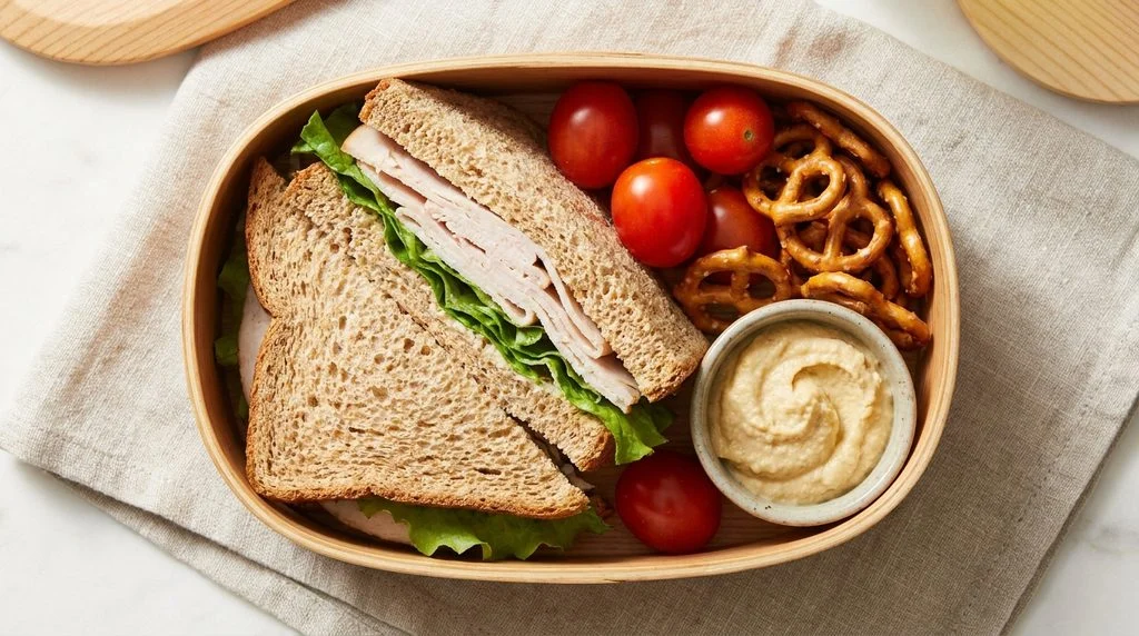 A bento box lunch with a turkey sandwich, pretzels and fresh veggies
