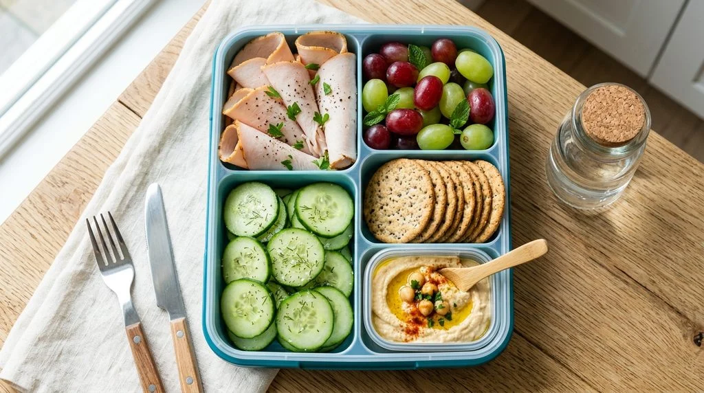 An overhead view of a colorful bento-style school lunch box with fruit, veggies and protein