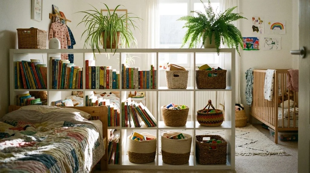 Low open bookshelf used as a divider between two sleeping areas in a shared kids' room.