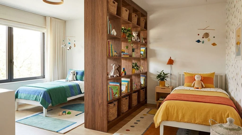 Bookshelf used as a divider between two beds in a shared bedroom.