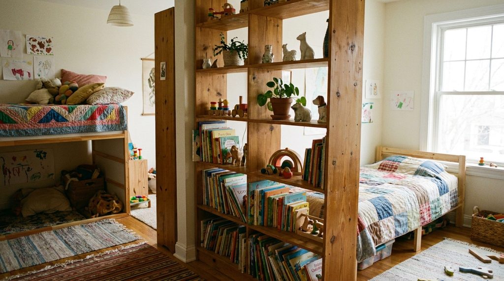 An open bookshelf used as a room divider between two beds in a shared bedroom