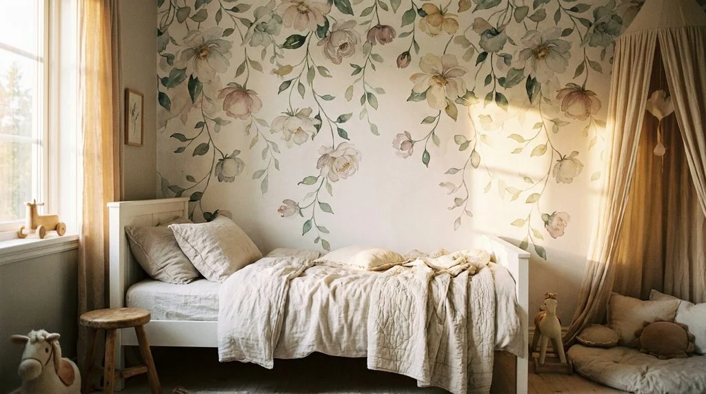 Painterly botanical wallpaper used tastefully in a modern kids' bedroom