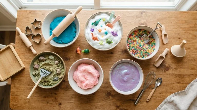 Collection of homemade sensory play materials in bowls with tools