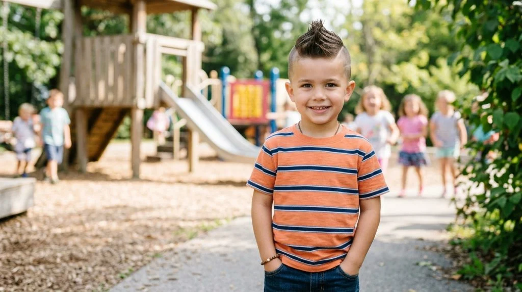 Boy with a faux hawk hairstyle.