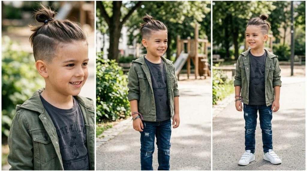 Boy with an undercut and a small top bun.