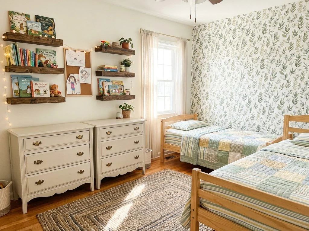Budget shared kids' room with upcycled white dressers, peel-and-stick accent wall and coordinating twin beds