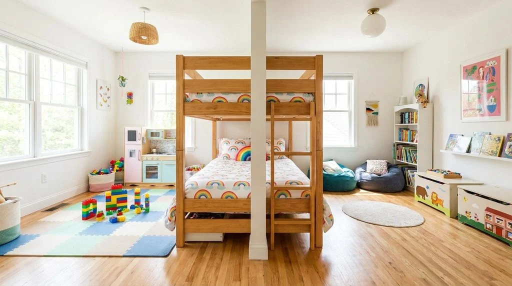 A bunk bed with rainbow-cloud bedding positioned as a divider in a shared kids' bedroom.