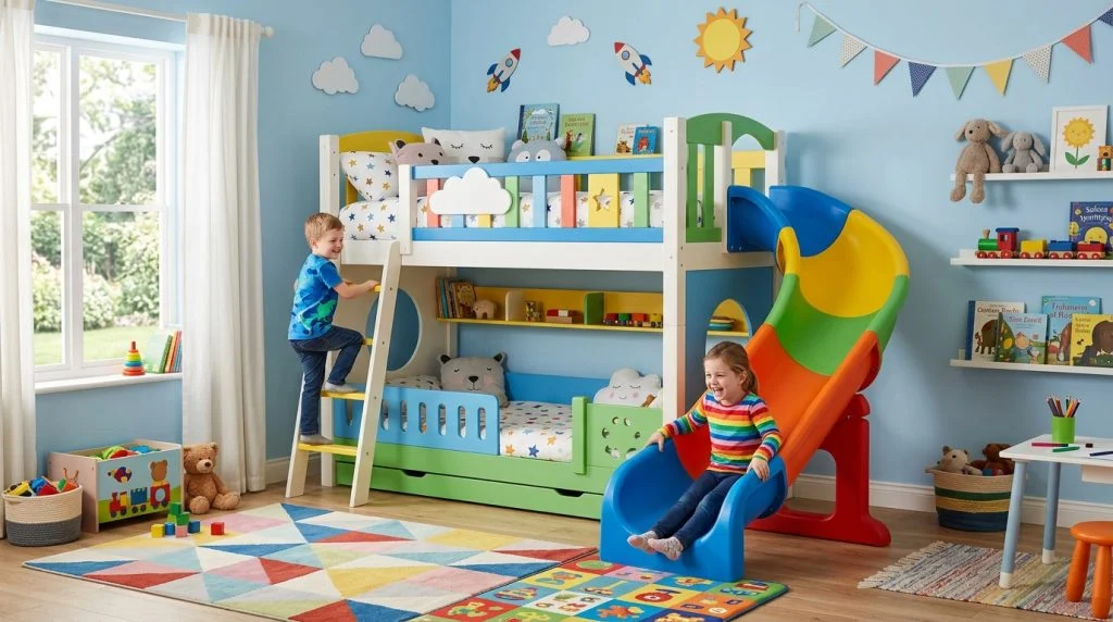 Bunk bed with a built-in slide in a kids' bedroom.