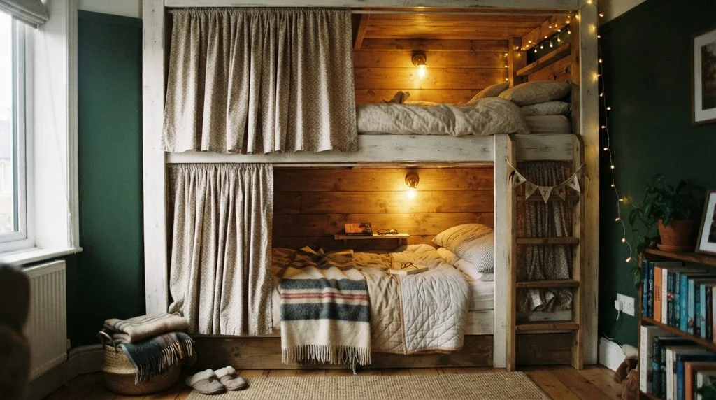 Built-in bunk beds with privacy curtains and reading lights.