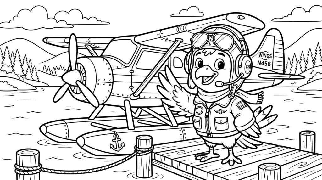 Cartoon bird pilot standing in front of a seaplane, coloring page style