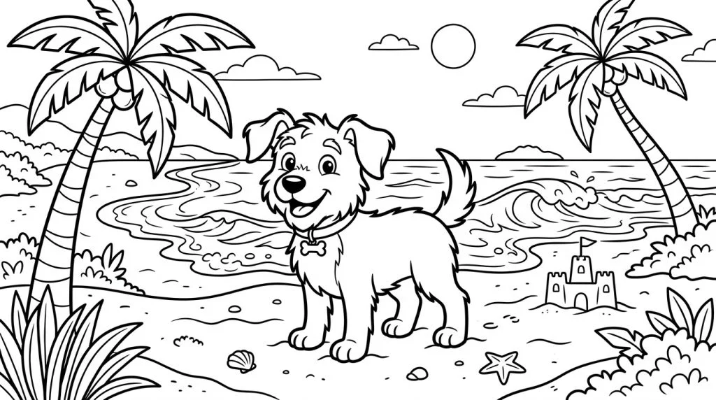 Cartoon dog on a tropical beach coloring page