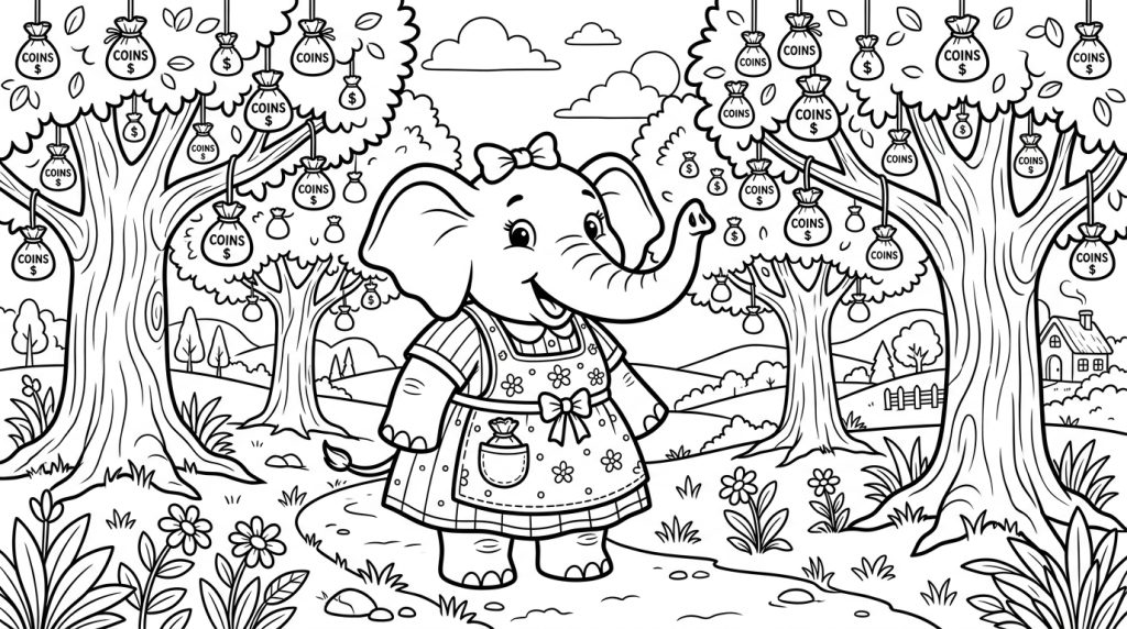 Cartoon elephant standing near coin trees, coloring page style