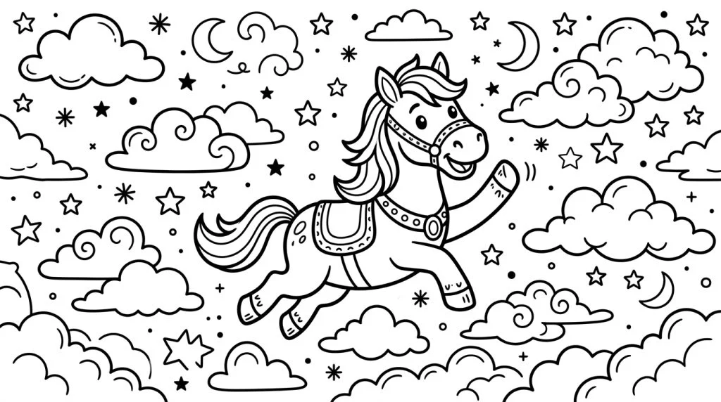 Cartoon horse character floating among stars, coloring page style