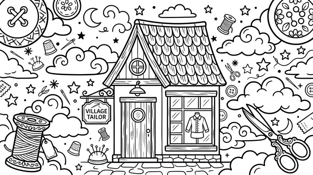 Charming village tailor shop exterior, coloring page style